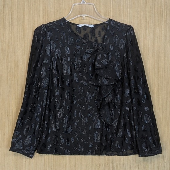 Zara Tops - ZARA Blouse Black Sheer Textured Animal Print Ruffle Festive Chic‎ Women's Small